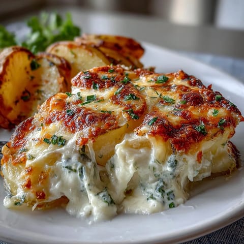 Creamy Au Gratin Potatoes with golden cheese topping and tender potato layers baked to perfection.