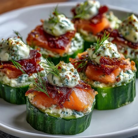 Fresh cucumber bites topped with creamy cheese and smoked salmon, garnished with dill and capers for an elegant appetizer.