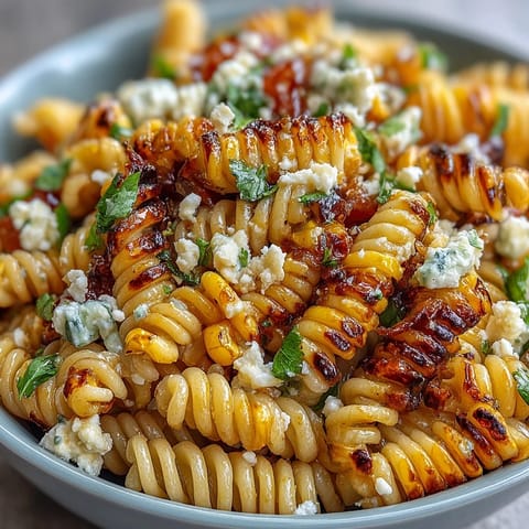 Mexican Street Corn Elote Pasta Salad with charred corn, cotija cheese, and tangy lime dressing in a vibrant bowl.