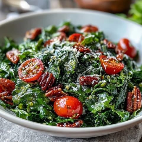 Fresh dandelion greens salad with lemon vinaigrette and Parmesan, tossed with cherry tomatoes and pine nuts.  