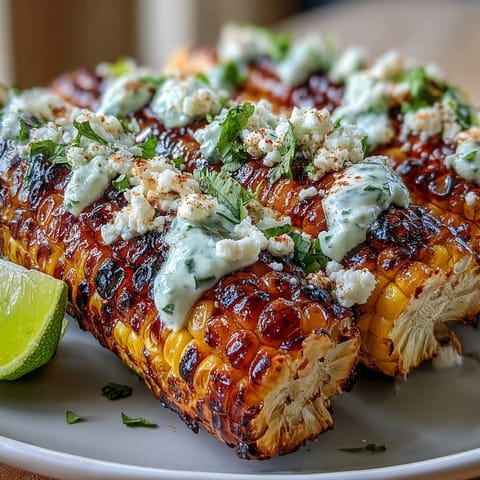 Grilled corn elote style with creamy sauce, chili powder, and Cotija cheese—a vibrant Mexican street food classic.