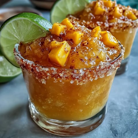 A frosty frozen mango margarita mocktail with citrus and spice, perfect for summer sipping.  
