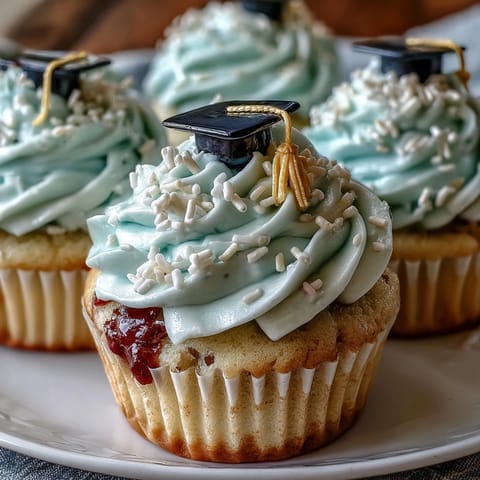 Simple graduation cupcakes with cap fondant toppers: moist vanilla cupcakes topped with buttercream and handmade black fondant graduation caps with yellow tassels.