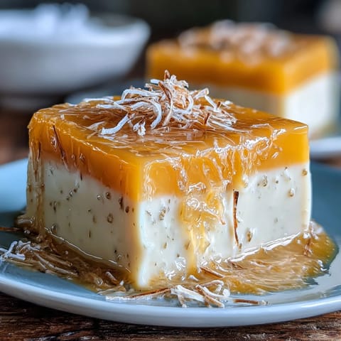 Delicious mango agar-agar jelly cubes with refreshing coconut milk layers.