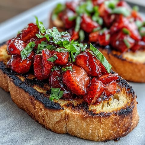 Glistening balsamic glaze dripping over fresh strawberry bruschetta on toasted bread.
