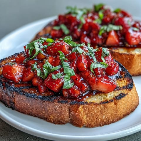 Vibrant strawberry balsamic bruschetta stacked on perfectly grilled sourdough.