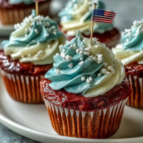 Star-Spangled Banner Cupcakes with festive flag toppers, a patriotic dessert treat.