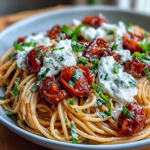 Summer Caprese Pasta with Burrata: creamy burrata melting into vibrant tomatoes, basil, and pasta.