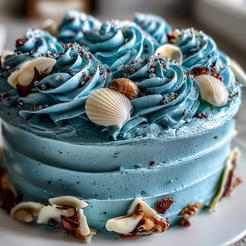Moist vanilla Cancer Zodiac Cake, adorned with sparkling edible shells, ready for serving.