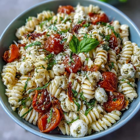 Vibrant Caprese Pasta Salad with pesto, cherry tomatoes, and mozzarella pearls.