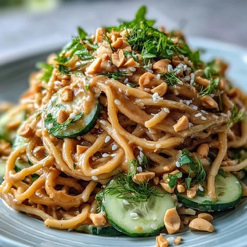 Glistening noodles, peanut sauce and fresh cucumber, a perfect bright lunch dish.
