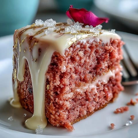 Velvet cake, kissed with rosé, features a luscious gold drip detail.