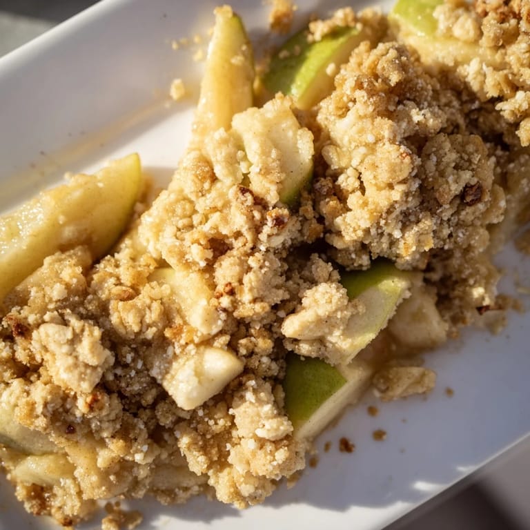 A close-up of a freshly baked Apple Crumble, showcasing the buttery, golden crumble.