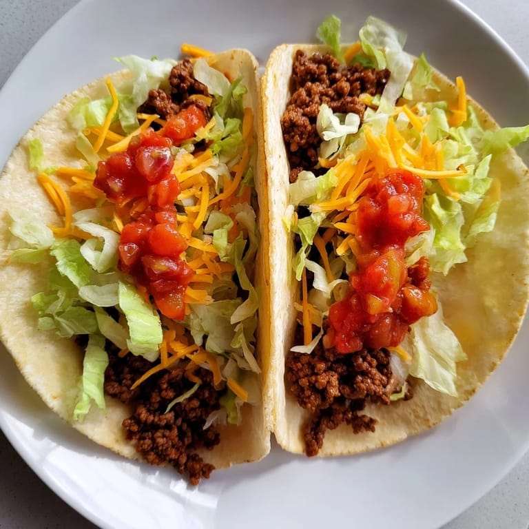 Homemade beef tacos, boasting a flavorful beef filling, are perfectly arranged with vibrant salsa.