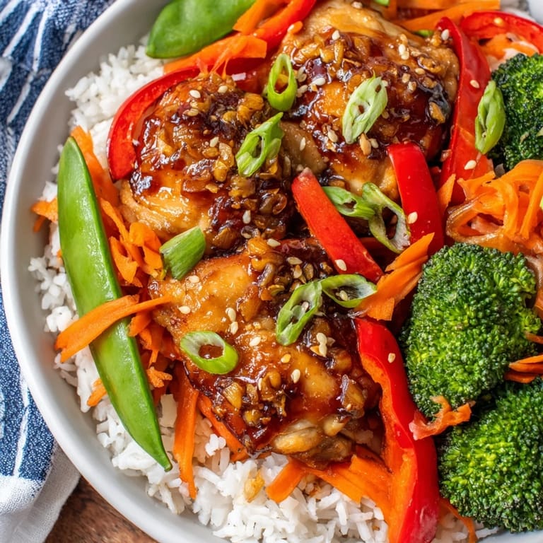 Enjoy a delicious teriyaki chicken bowl, featuring glazed chicken and fresh, stir-fried vegetables.