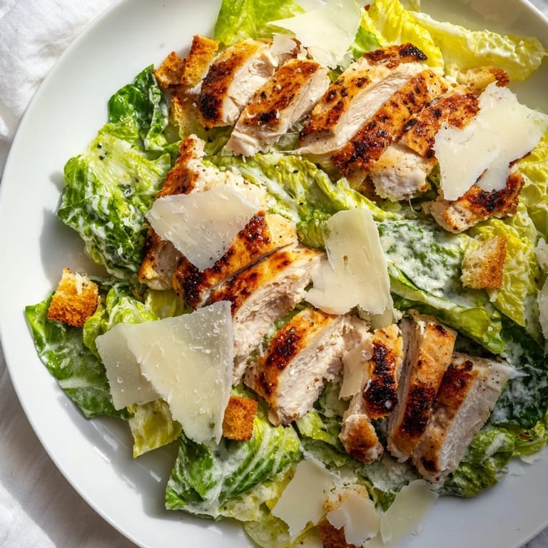 Fresh, crisp romaine lettuce covered in creamy dressing and Chicken Caesar Salad toppings.