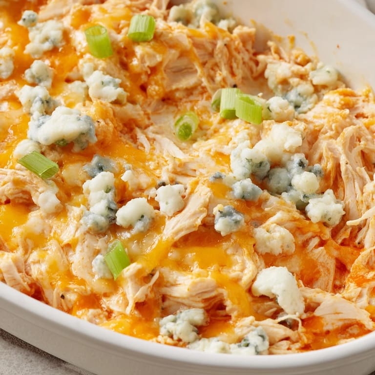 A close-up of creamy, spicy Buffalo Chicken Dip sprinkled with fresh green onions, ready to be served.