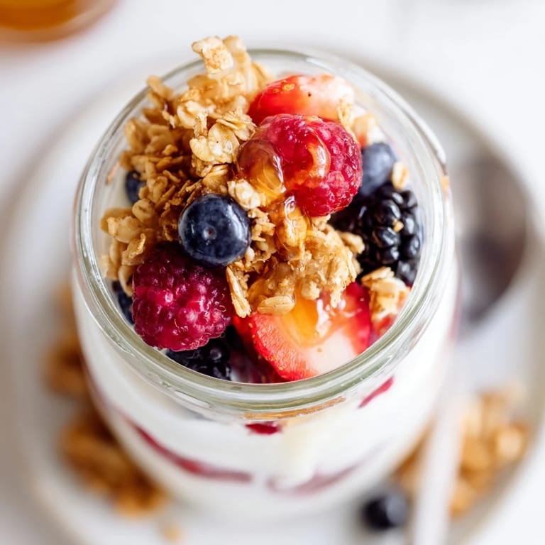 Delicious and colorful berry parfait: a layered dessert, with fresh berries, creamy yogurt, and crispy granola shown.