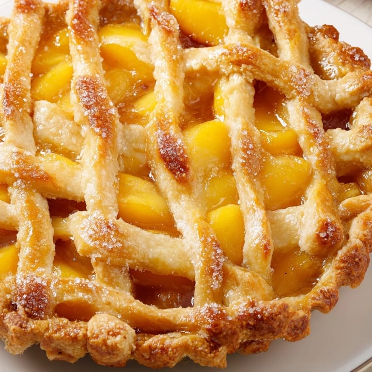 A slice of warm, homemade Peach Pie showing a delicious, sweet fruit filling.