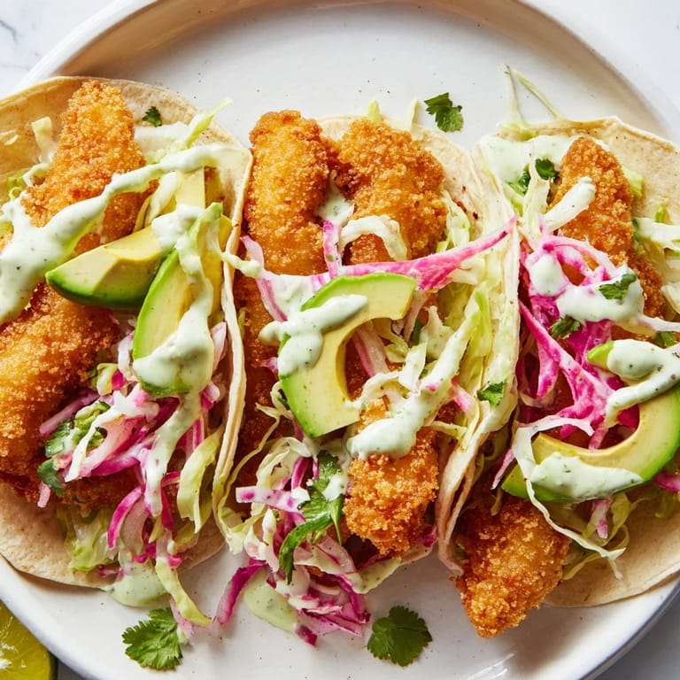 Close-up of Baja Fish Tacos revealing flaky white fish inside the warm tortilla shells.