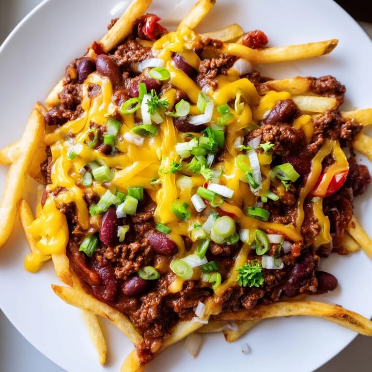 Steaming hot Chili Cheese Fries topped with melted cheddar cheese; a close-up of this American comfort food.