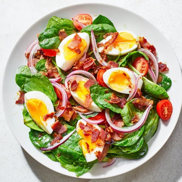 Bright image shows a healthy spinach salad with bacon; eggs and tomatoes are beautifully arranged.