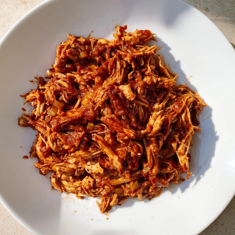 Close-up of tender BBQ pulled chicken, perfect for a gluten-free meal, ready to enjoy.