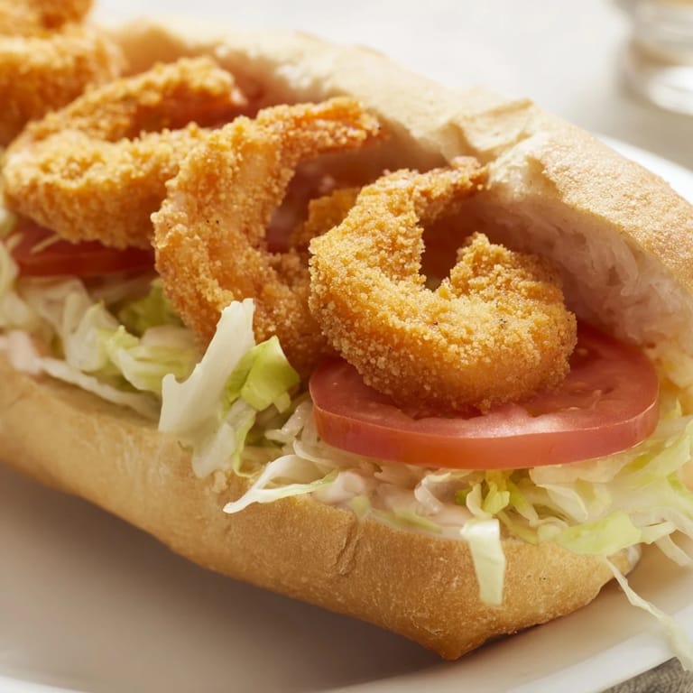 Crispy shrimp piled high, layered inside a classic Shrimp Po Boy on a soft French roll, ready to eat.