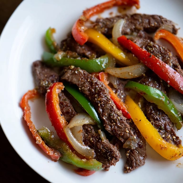 A close-up of delicious steak fajitas, showcasing juicy steak and vibrant sautéed vegetables.