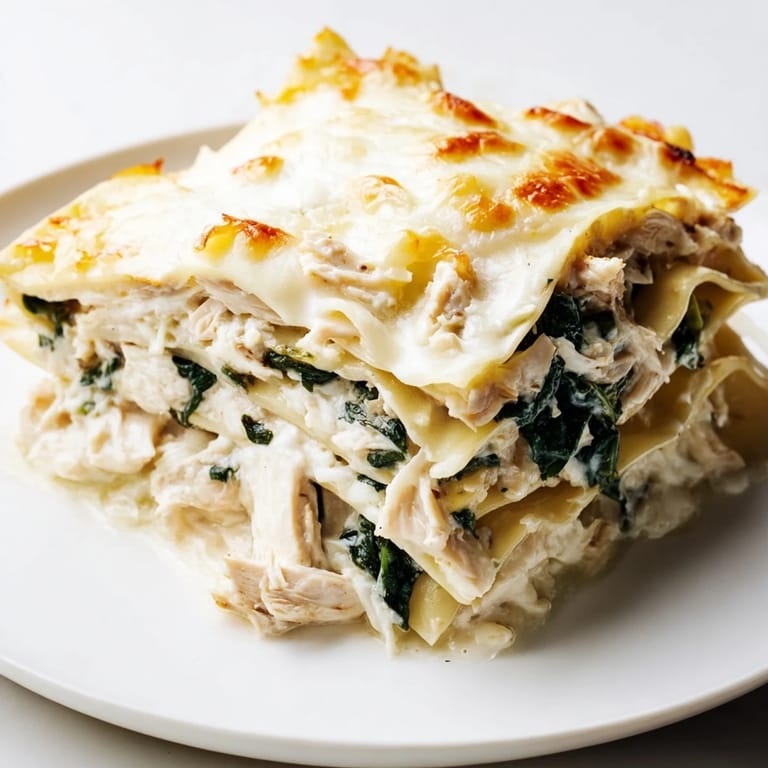 Plated Chicken Alfredo Lasagna served with a fresh salad, highlighting rich, creamy sauce and tender chicken inside.