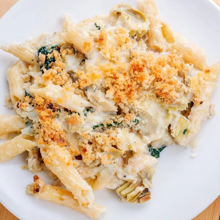 A spoon serves a generous portion of creamy Artichoke Pasta Bake onto a white plate, revealing tender spinach and artichokes.