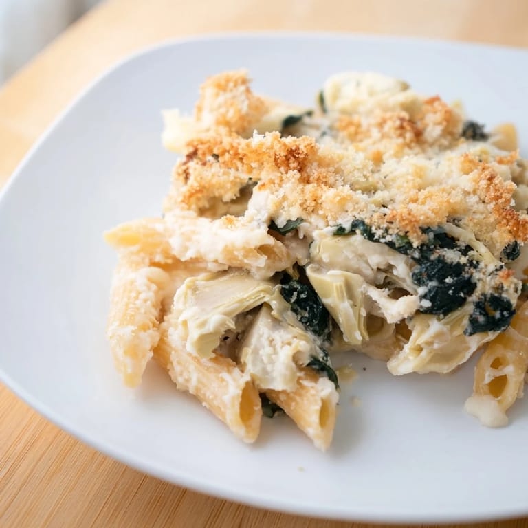 Rustic skillet of golden-baked Artichoke Pasta Bake with visible artichoke hearts and spinach, ready for a family-style dinner.