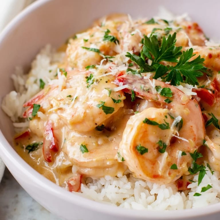 A close-up of creamy Cajun shrimp rice bowl, garnished with fresh parsley and a lemon wedge.  