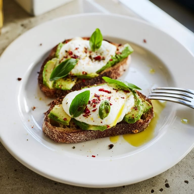 Broiled mozzarella bubbles on a golden tartine spread with lemony avocado mash, garnished with fresh basil and a drizzle of olive oil.