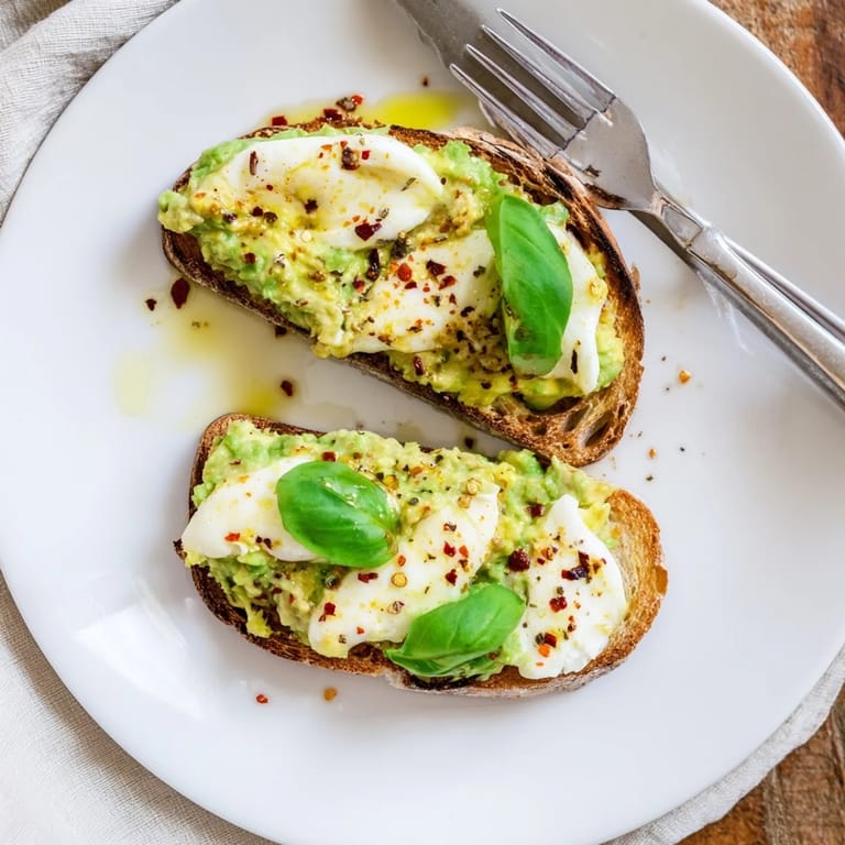 A rustic open-faced tartine with bright green avocado, white melted mozzarella, and red pepper flakes on crunchy country bread.
