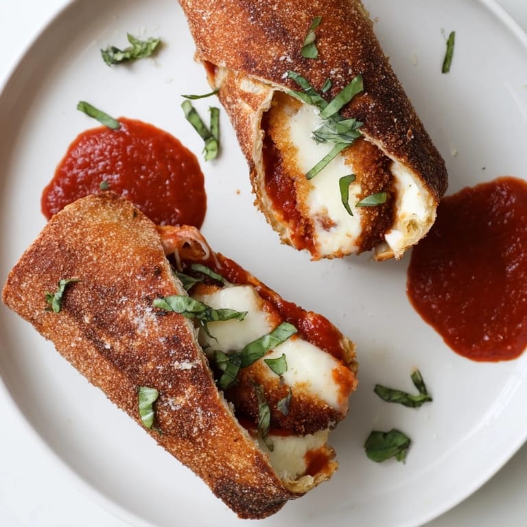 Easy homemade Crispy Chicken Parm Wrap cut in half, revealing juicy chicken, rich marinara, and melted cheese, served with a small dipping bowl.
