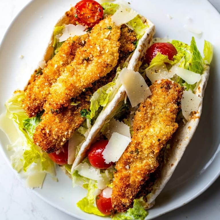 Serve these homemade Crispy Herbed Chicken Caesar Pitas with lemon wedges for a zesty, satisfying family dinner option.