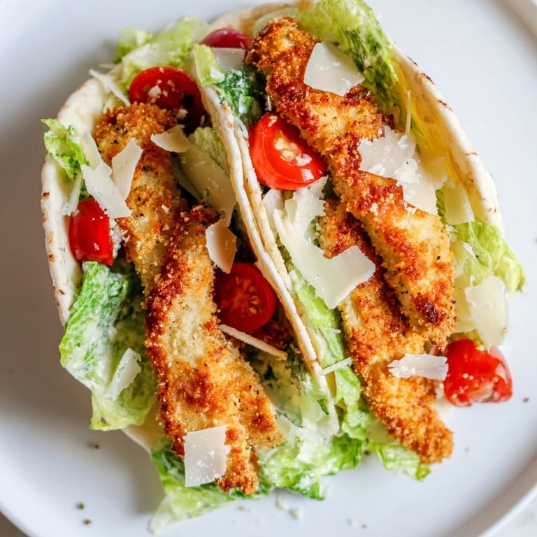 A close-up of Crispy Herbed Chicken Caesar Pitas reveals crunchy breadcrumbs and creamy dressing drizzled over the vibrant green lettuce.  