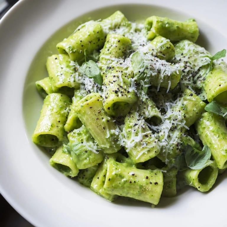 Freshly cooked macaroni coated in a vibrant green avocado pesto sauce, with a light drizzle of olive oil.