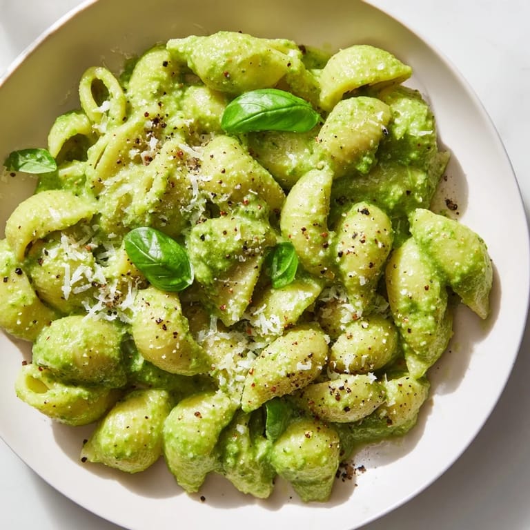 A hearty serving of creamy avocado pesto mac, perfect for a quick vegetarian weeknight dinner.