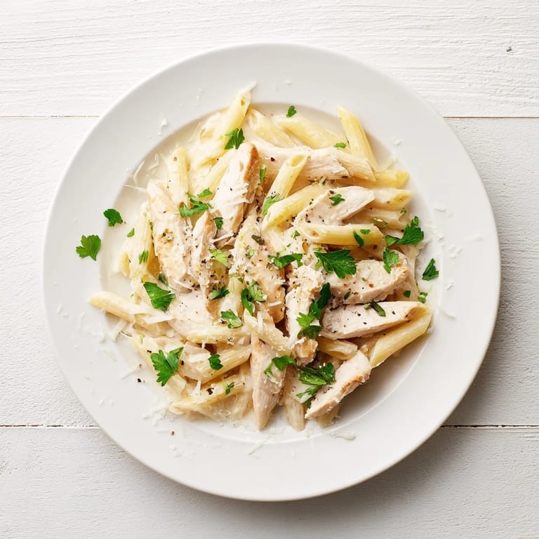 Dinner is served: Roasted Garlic Chicken Penne topped with fresh parsley and a dusting of grated Parmesan, perfect for weeknight comfort.
