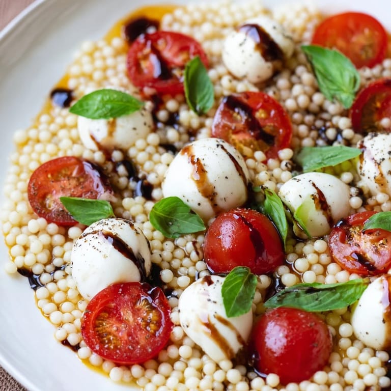 Fresh basil leaves add vibrant green color to this chilled Caprese Couscous Salad, served in a white bowl for a refreshing summer side dish.