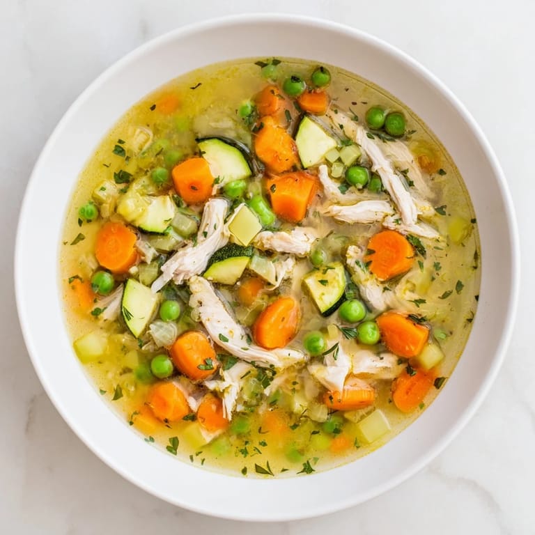Spring Garden Chicken Soup served in a white ceramic bowl, garnished with parsley and lemon slices on a wooden table.
