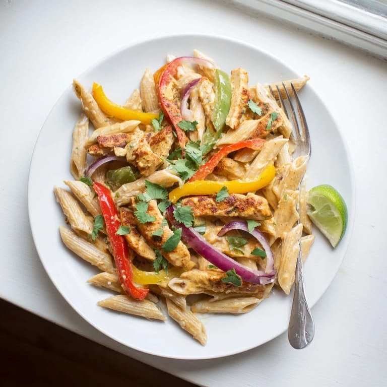 Steam rises from this comforting Fajita Chicken Pasta, where tender penne pasta and melted cheddar blend with fajita-seasoned chicken and colorful peppers in one hearty skillet.