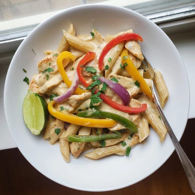Serve this Fajita Chicken Pasta garnished with fresh cilantro and lime wedges, showcasing a Tex-Mex fusion of spicy chicken and vegetables tossed in a cheesy sauce.