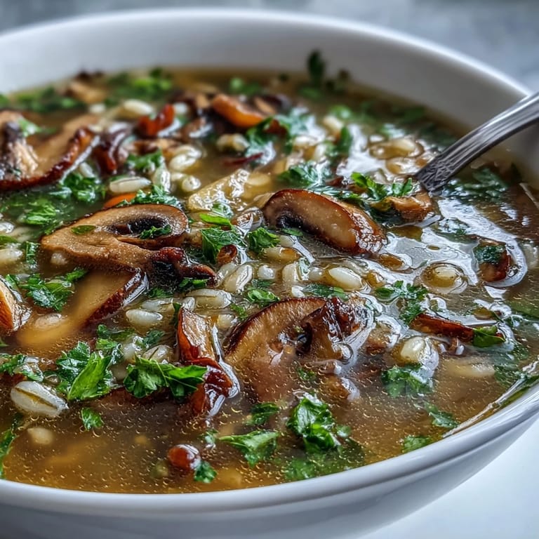 Close-up of rich, earthy mushroom and barley soup simmering in a pot, showcasing tender vegetables and chewy grains.  