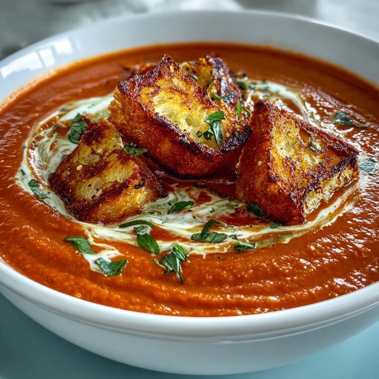 Roasted Tomato Soup With Crispy Croutons served hot with a grilled cheese sandwich for dipping on a rustic table.