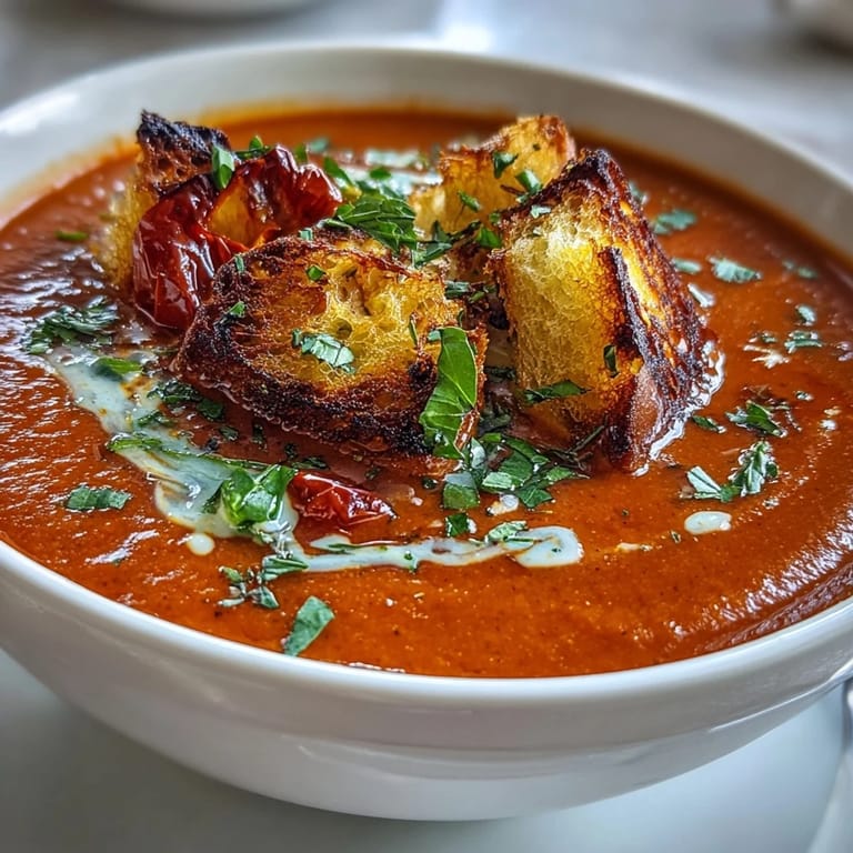 Vibrant red Roasted Tomato Soup With Crispy Croutons topped with golden crunchy bread cubes in a ceramic bowl.