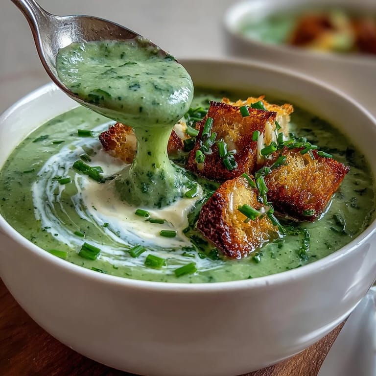 A steaming bowl of Creamy Broccoli Soup with golden croutons, ready to enjoy with a slice of crusty bread.