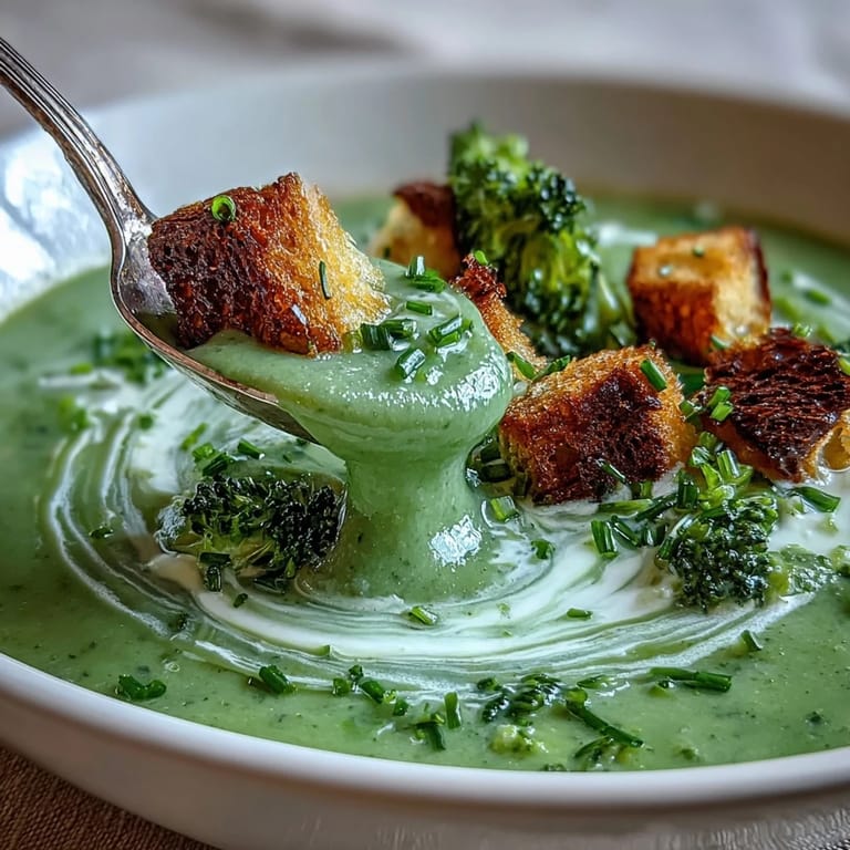 Vibrant green Creamy Broccoli Soup in a pot, garnished with chives and a spoon resting beside it.
